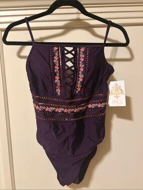 BECCA Purple Modest One-Piece Swimsuit Floral Embroidery CrissCross Tie Back